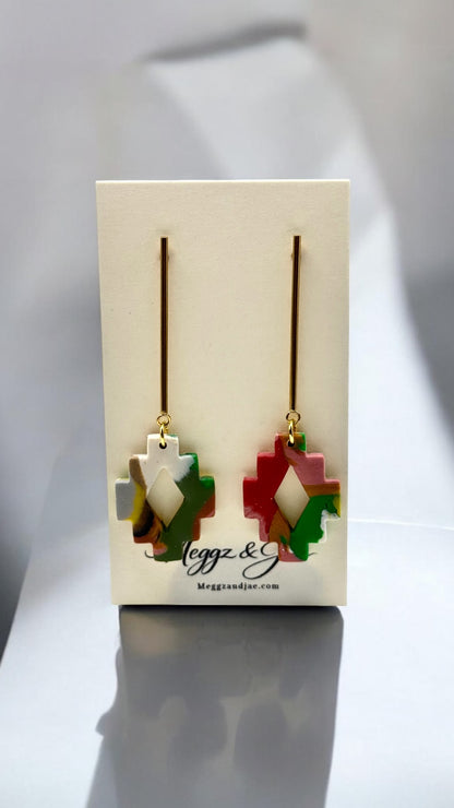 Aztec Geometric Cross Statement Earrings Handmade Polymer Clay Lightweight Dangle Earrings Meggz and Jae