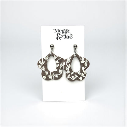 “Ivory” grey floral with vines polymer clay earrings