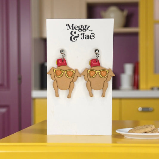 Friends Thanksgiving turkey with glasses polymer clay dangle earrings