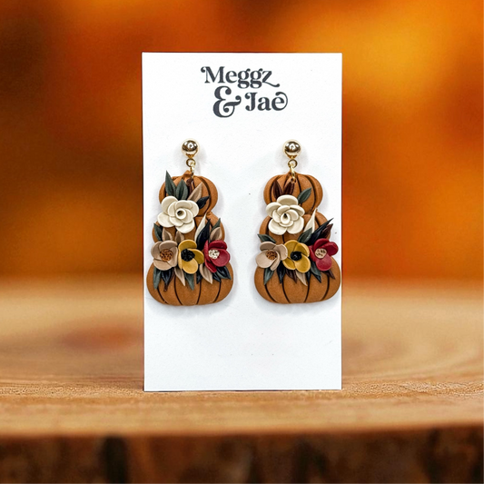 “Autumn” pumpkin with florals polymer clay dangles