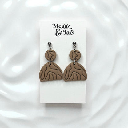 “Andrea” Taupe line art polymer clay dangle earrings
