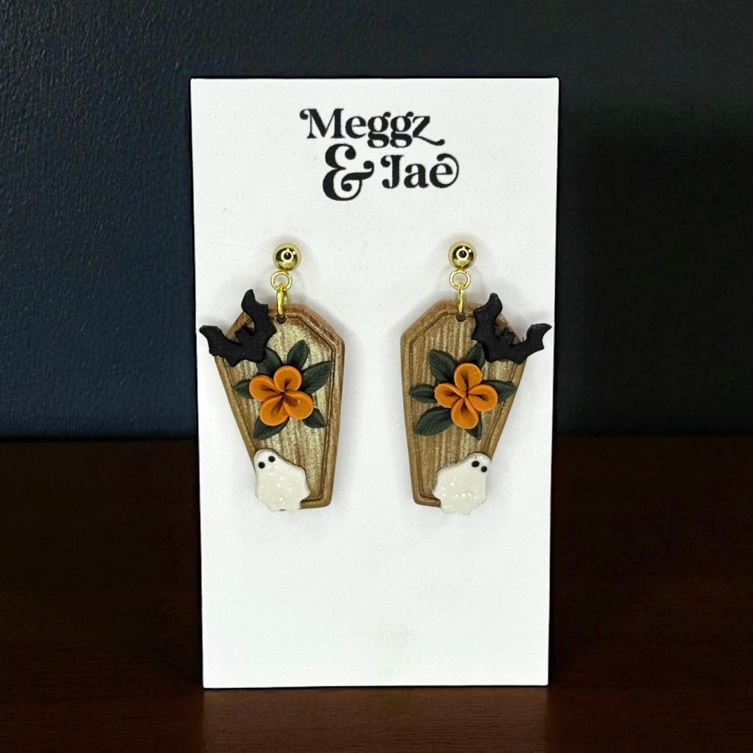“Coffin” garden ghost polymer clay dangle earrings