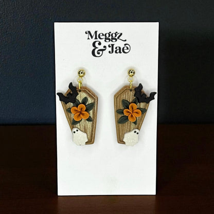 “Coffin” garden ghost polymer clay dangle earrings