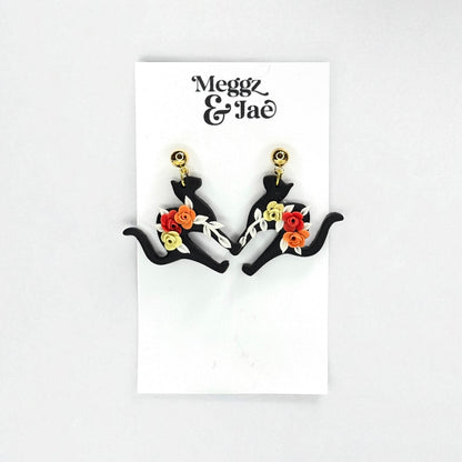 “Floral Black Cat” polymer clay dangle earrings