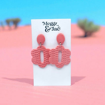 “Cara” pink woven floral shape dangles