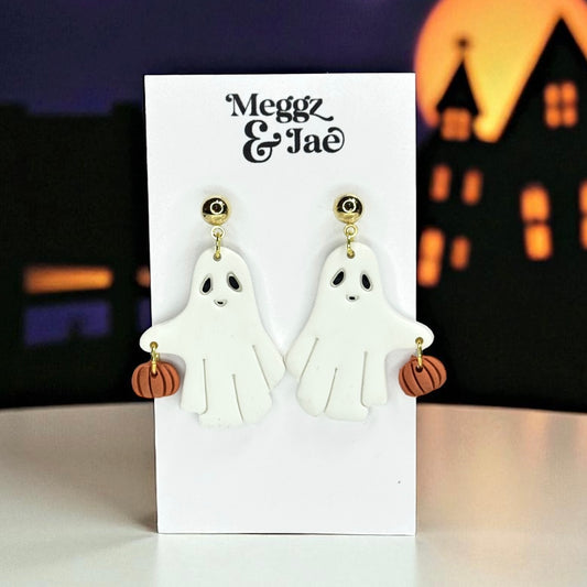 “Ghosts Holding Pumpkins” charms polymer clay dangle earrings