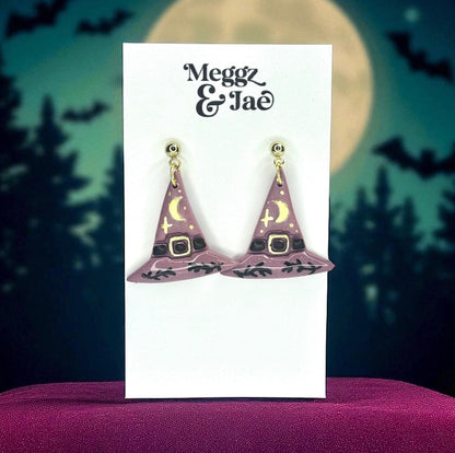 “Moonlit Witch” hat polymer clay dangle earrings