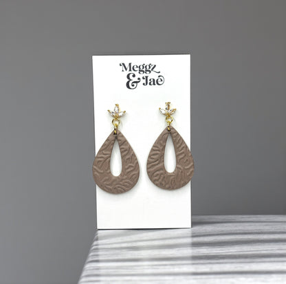 “Teresa” textured taupe teardrop polymer clay dangle earrings