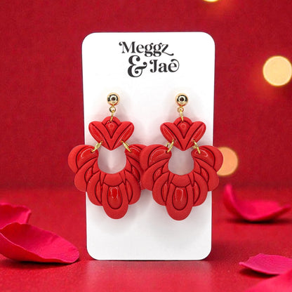 Red heart imprint polymer clay dangle earrings