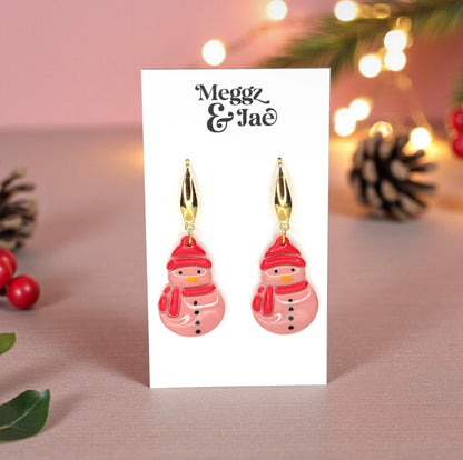 Pink Snowman Polymer Clay Earrings