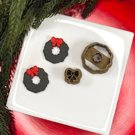 Christmas set of 2 wreath with bow polymer clay cutter