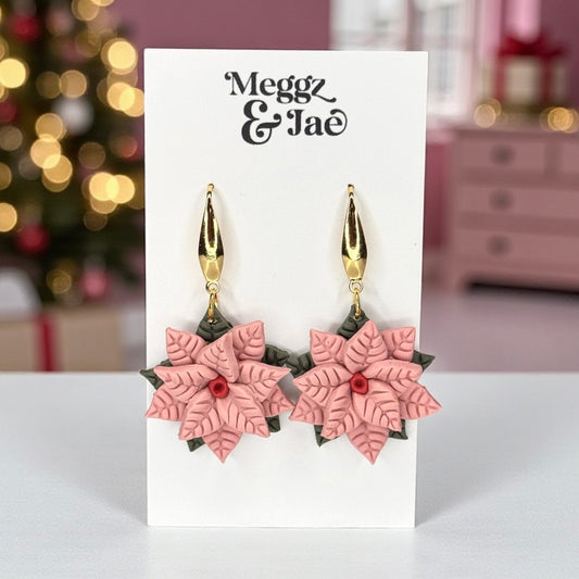 Pink poinsettia polymer clay earrings