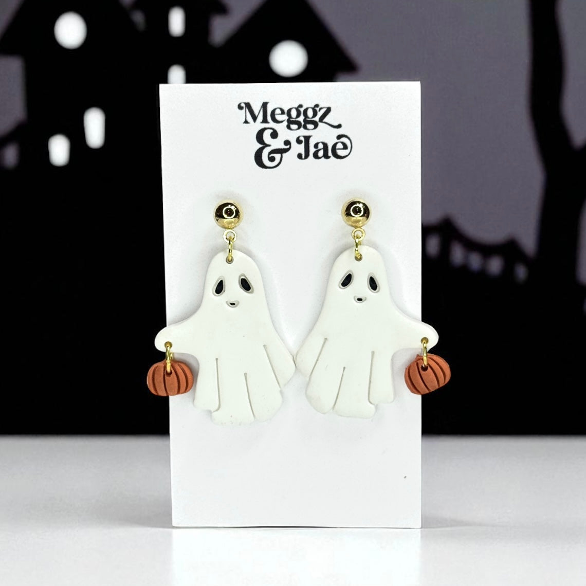 “Ghosts Holding Pumpkins” charms polymer clay dangle earrings