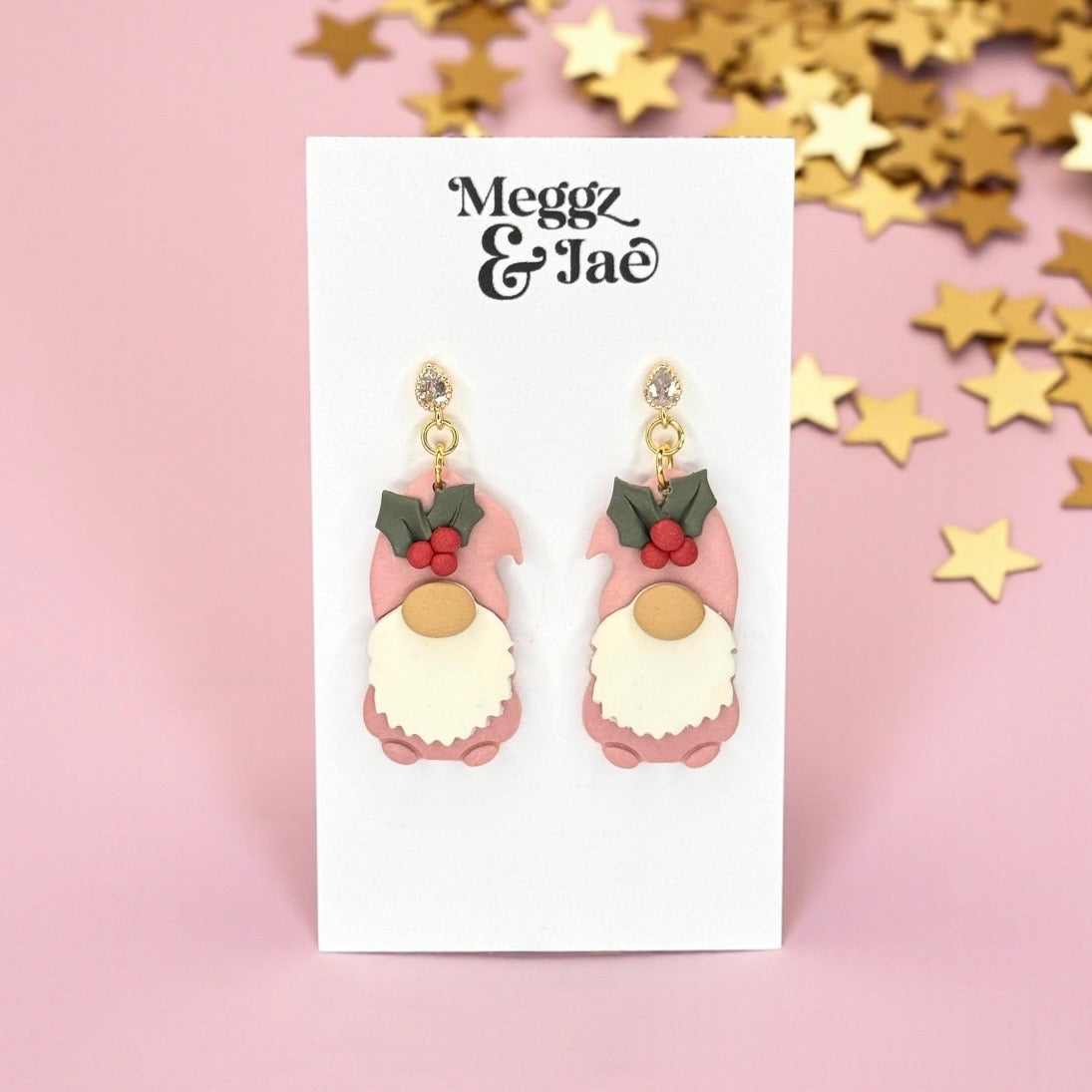 Pink Christmas Gnome Polymer Clay Earrings