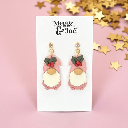 Pink Christmas Gnome Polymer Clay Earrings
