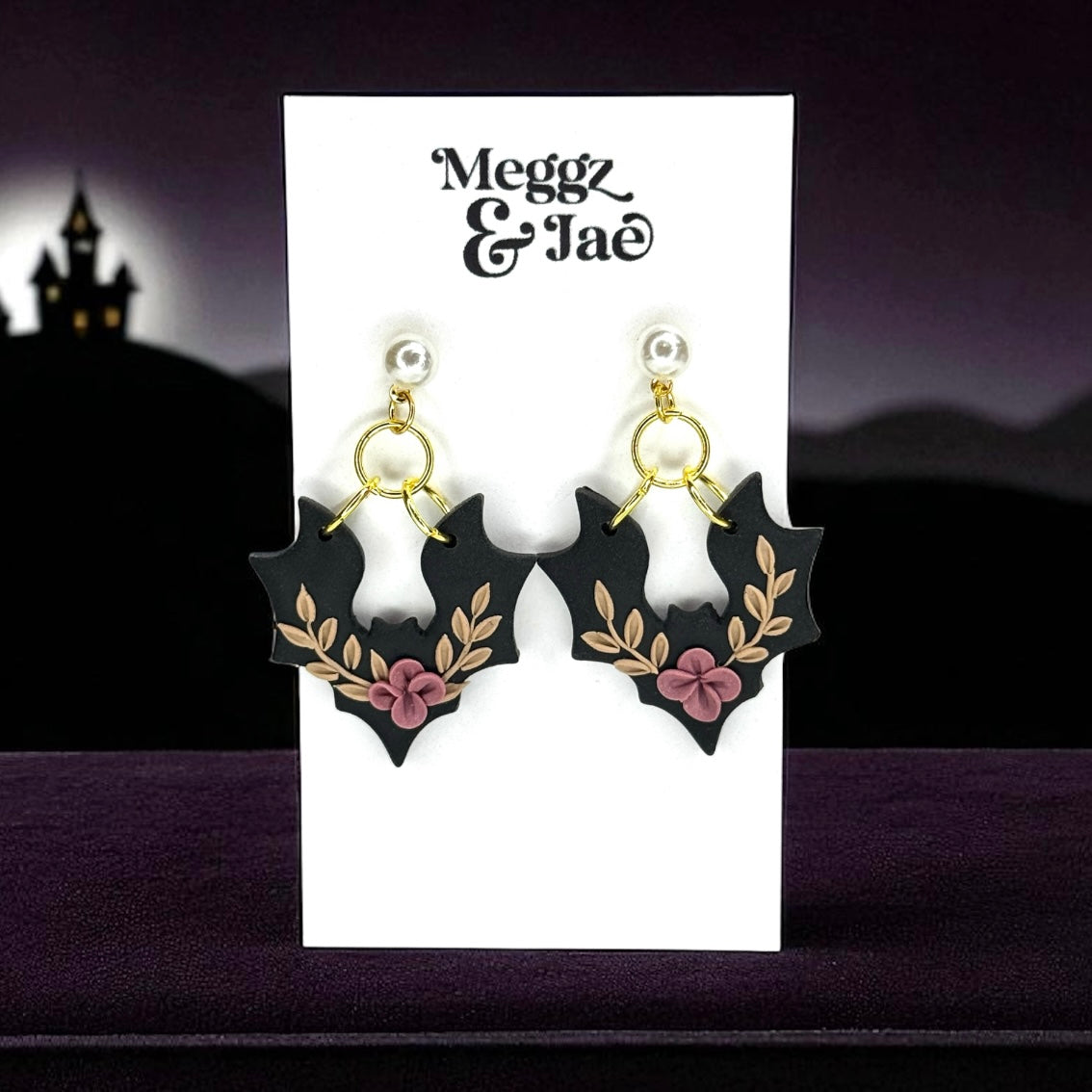 “Floral bats” polymer clay dangle earrings