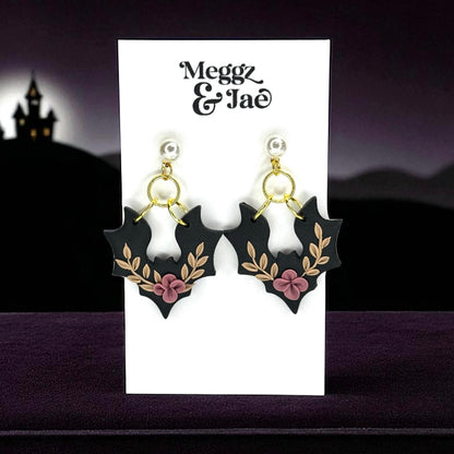 “Floral bats” polymer clay dangle earrings