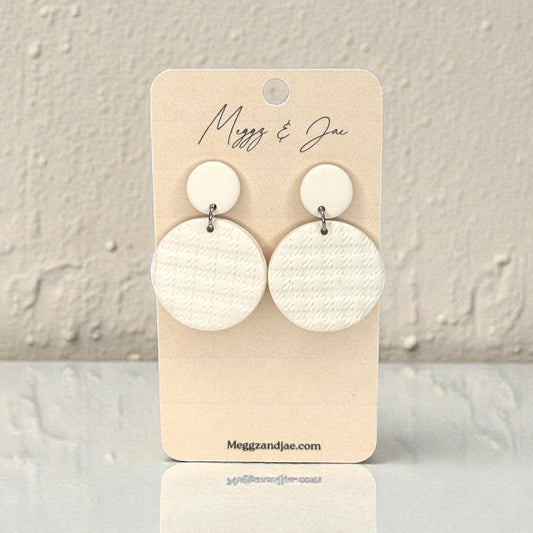 Round white textured polymer clay earrings