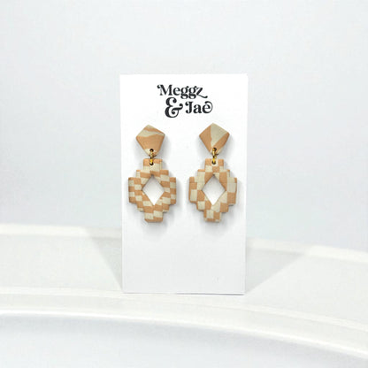 “Kelsie” Neutral checkered geometrical polymer clay dangle earrings