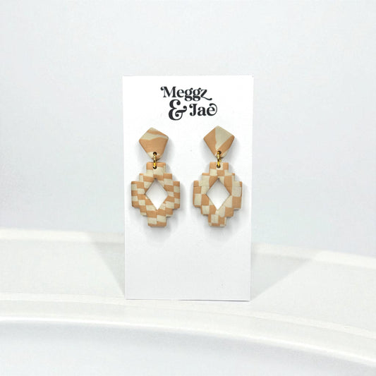 “Kelsie” Neutral checkered geometrical polymer clay dangle earrings