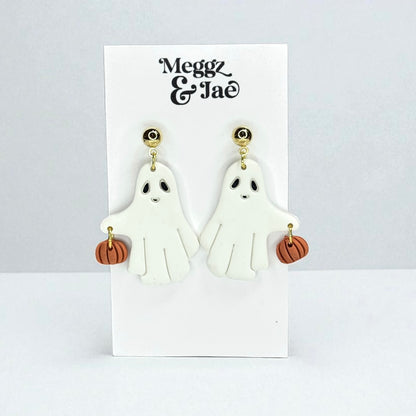 “Ghosts Holding Pumpkins” charms polymer clay dangle earrings