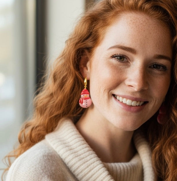 Pink Snowman Polymer Clay Earrings