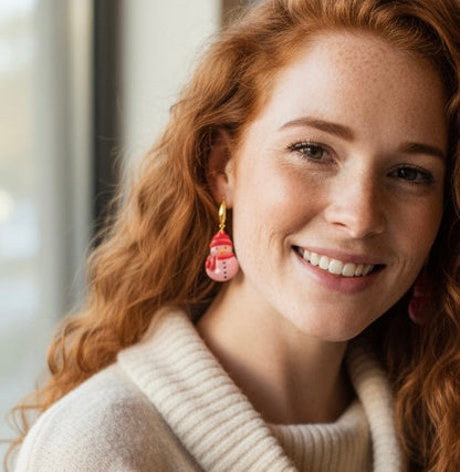 Pink Snowman Polymer Clay Earrings