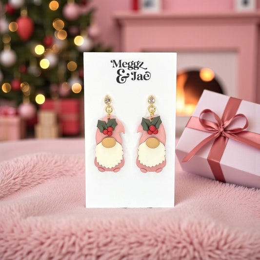 Pink Christmas Gnome Polymer Clay Earrings