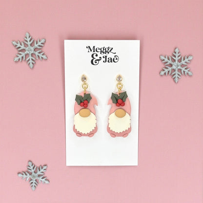 Pink Christmas Gnome Polymer Clay Earrings
