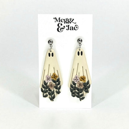 “Floral ghost” polymer clay dangle earrings