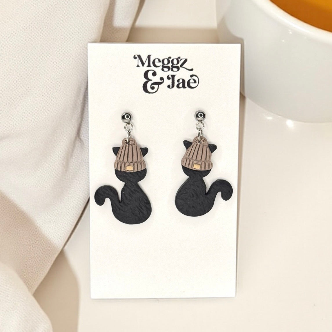 Black Cat Halloween Dangle Earrings – Handmade Polymer Clay