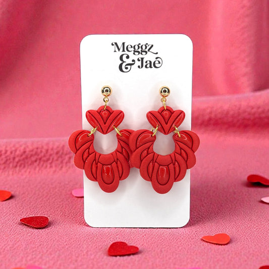 Red heart imprint polymer clay dangle earrings