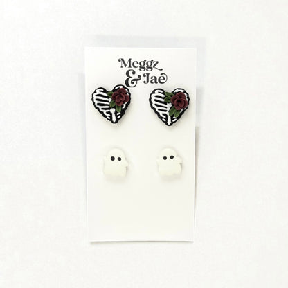 “Skeleton heart” stud set polymer clay stud earrings