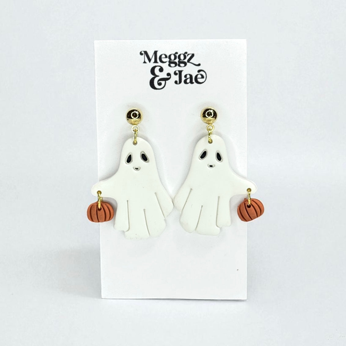 “Ghosts Holding Pumpkins” charms polymer clay dangle earrings