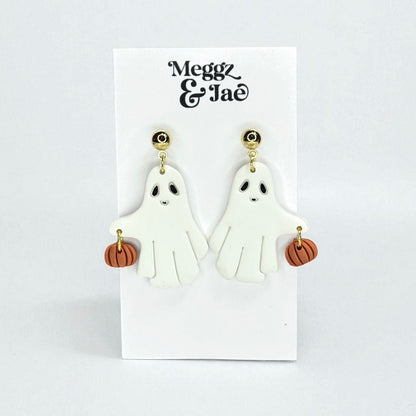 “Ghosts Holding Pumpkins” charms polymer clay dangle earrings