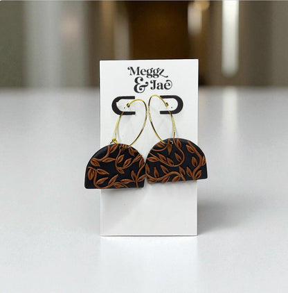 “Amber” black and copper leaf hoop dangle earrings