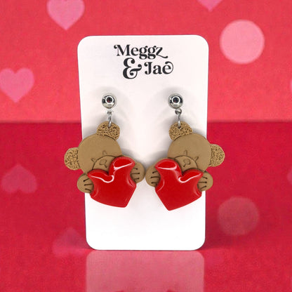 Teddy bear holding a heart valentines polymer clay earrings