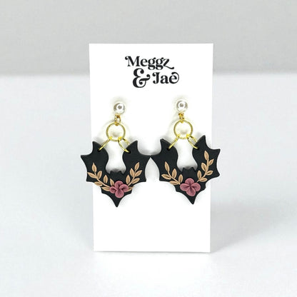 “Floral bats” polymer clay dangle earrings