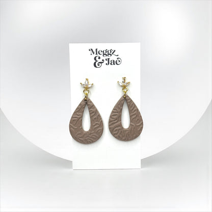 “Teresa” textured taupe teardrop polymer clay dangle earrings