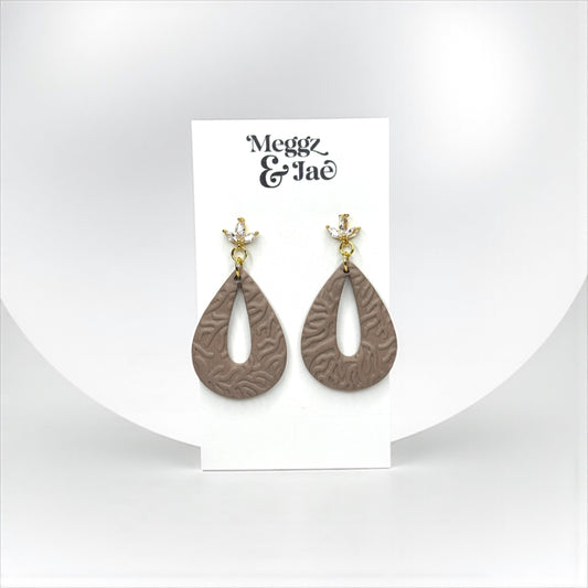 “Teresa” textured taupe teardrop polymer clay dangle earrings