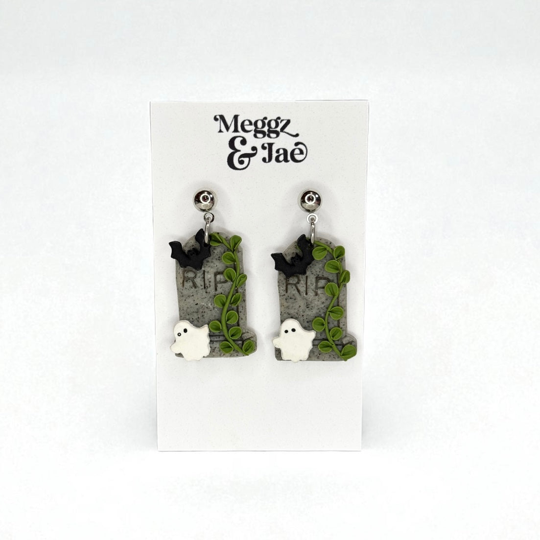“Haunted” tombstone polymer clay sculpted dangle earrings