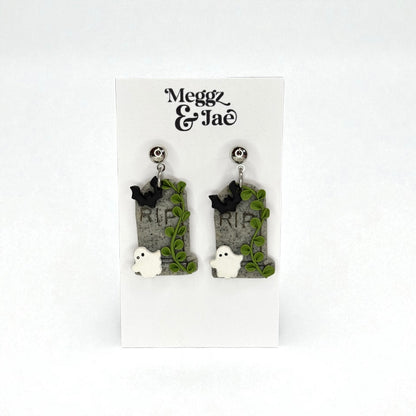 “Haunted” tombstone polymer clay sculpted dangle earrings
