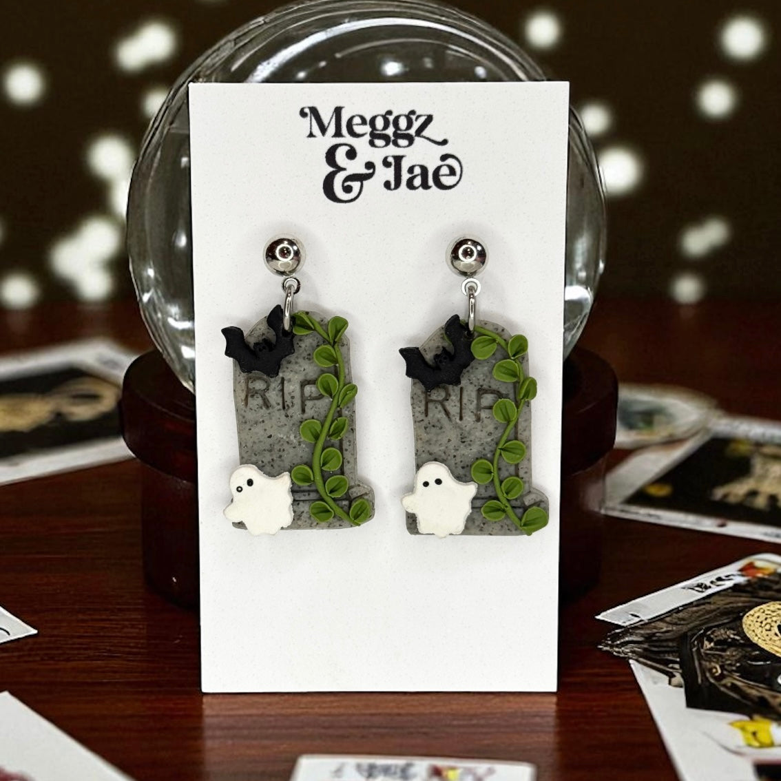 “Haunted” tombstone polymer clay sculpted dangle earrings