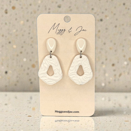 Neutral white textures teardrop with cut out polymer clay earrings
