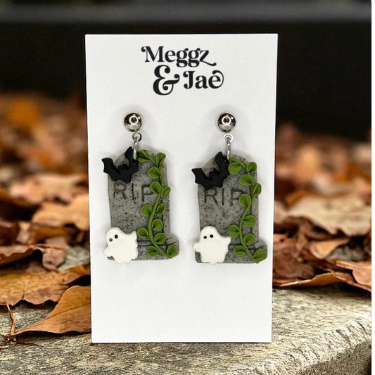 “Haunted” tombstone polymer clay sculpted dangle earrings