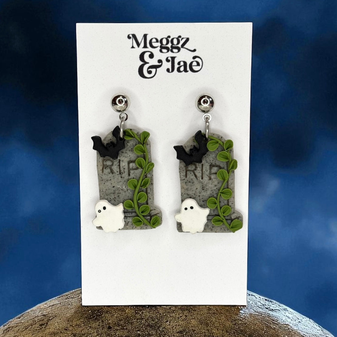“Haunted” tombstone polymer clay sculpted dangle earrings