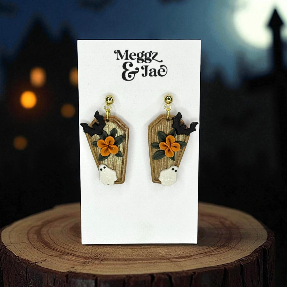 “Coffin” garden ghost polymer clay dangle earrings