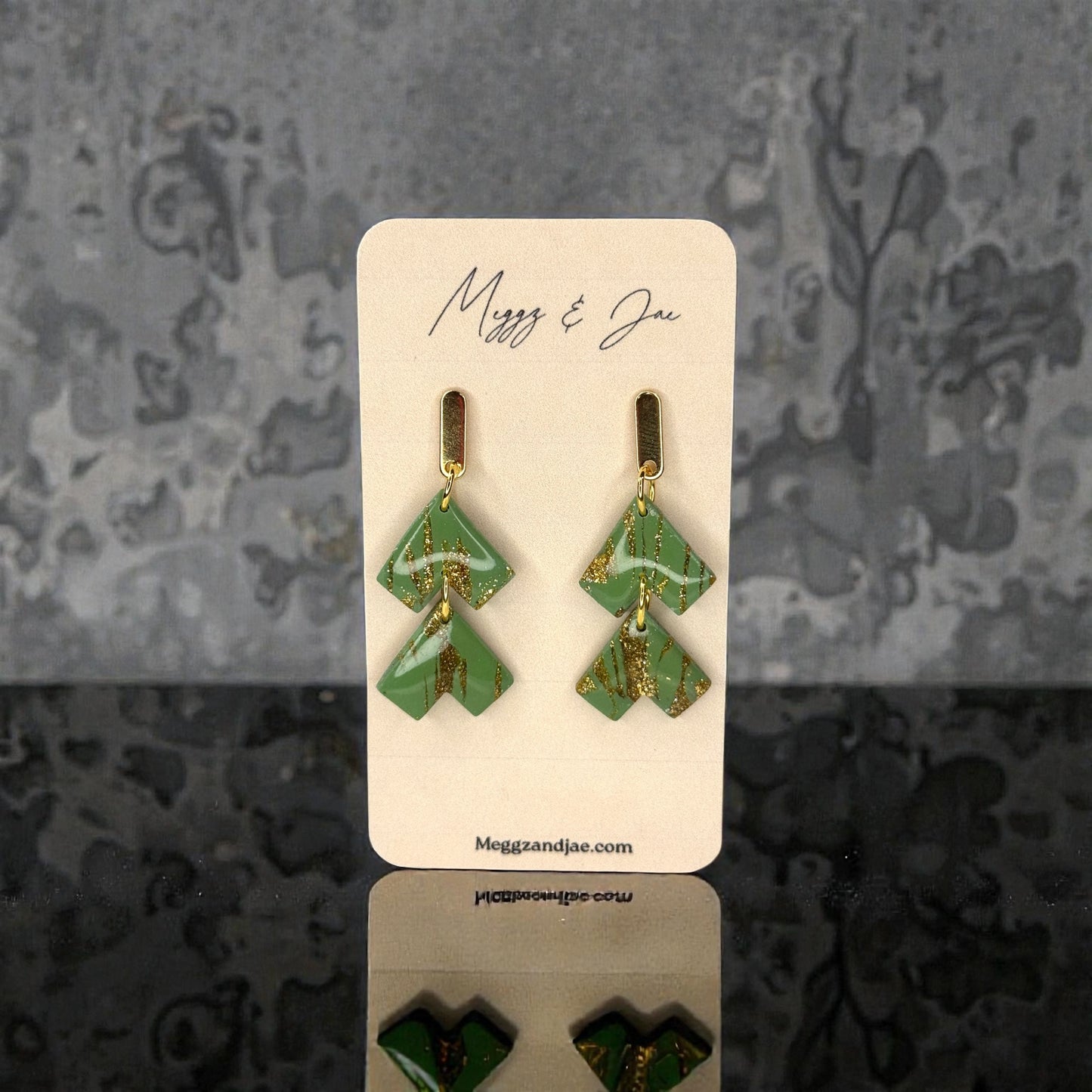 Green Aztec arrow with good foil polymer clay earrings