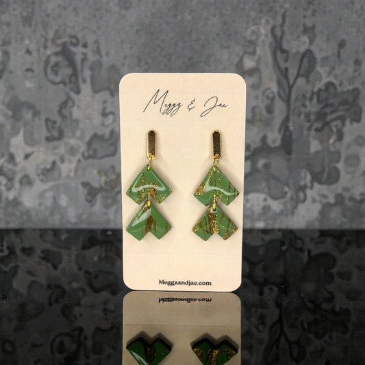 Green Aztec arrow with good foil polymer clay earrings